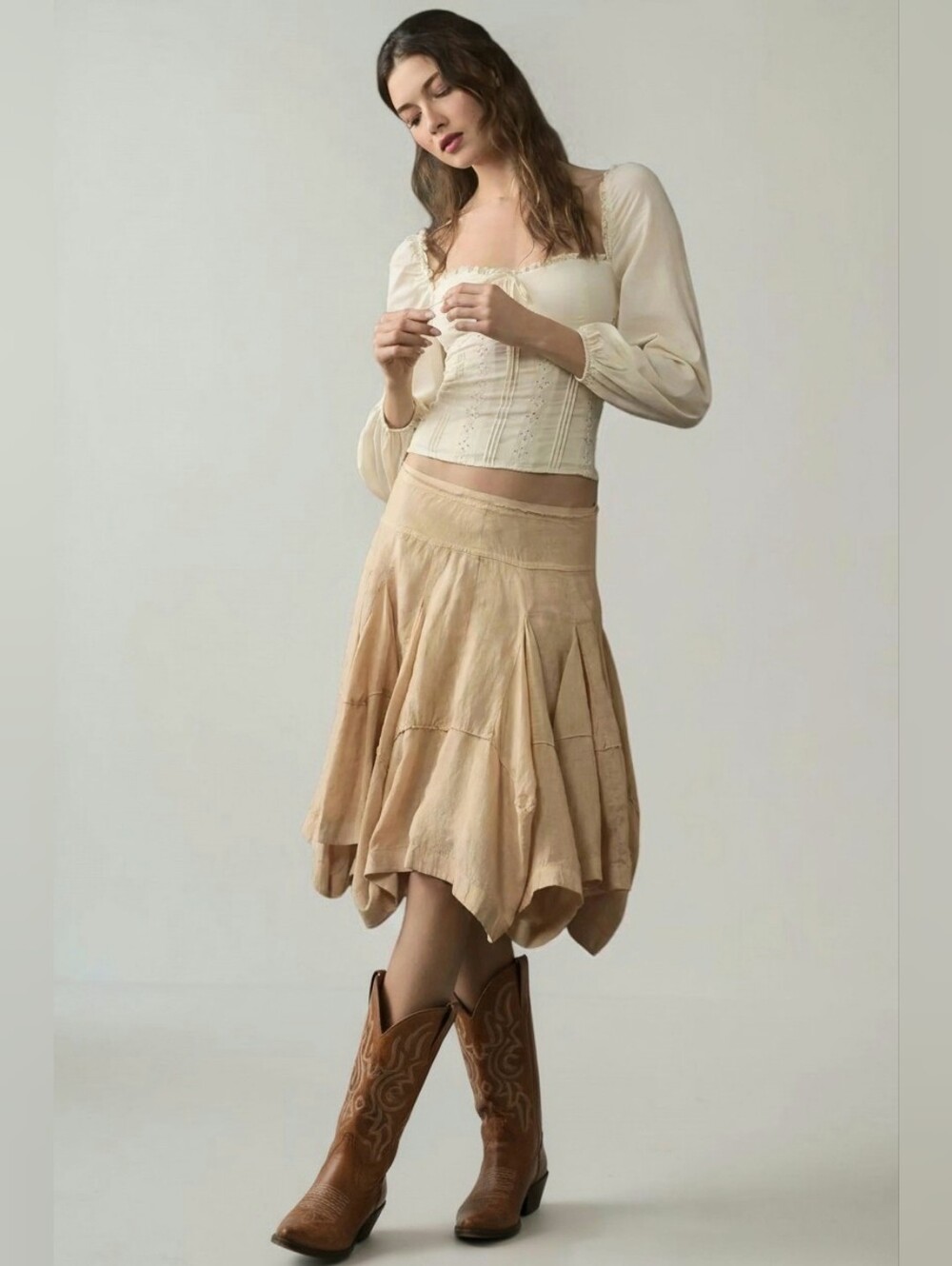 Anthropologie Linen Godet Midi Skirt M Cream Boho Ethereal Cottagecore Earthy